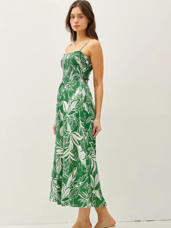 Green Tropical Smocked Midi Dress