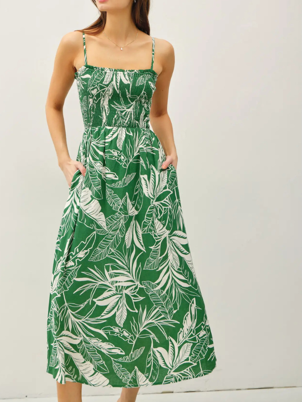 Green Tropical Smocked Midi Dress