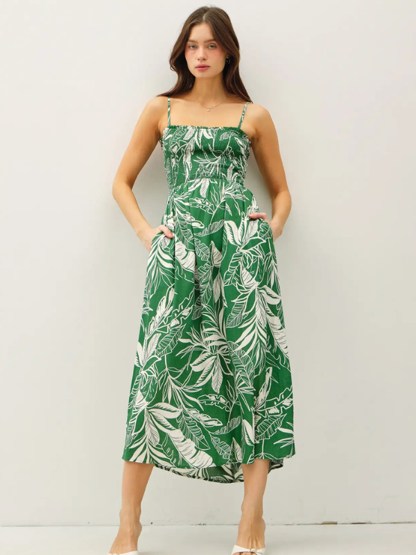 Green Tropical Smocked Midi Dress