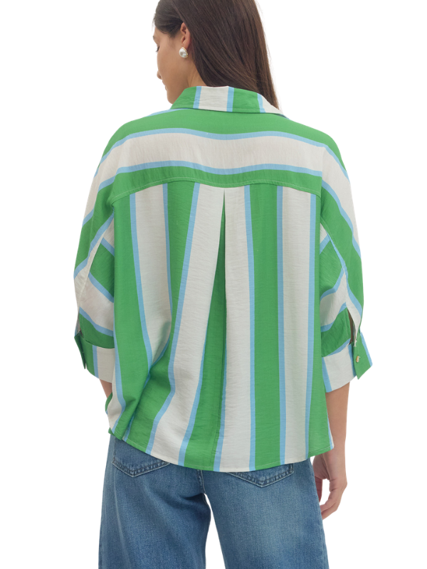 Green + White Striped Collared Top