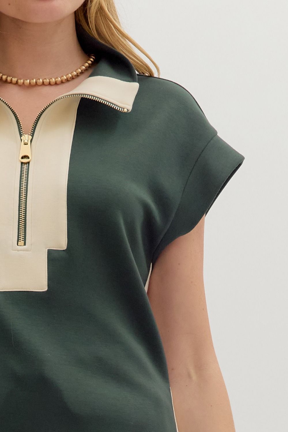 Green Zip Front Pullover Knit Top