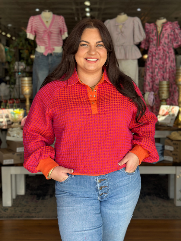 Hot Pink + Orange Textured Snap Front Top