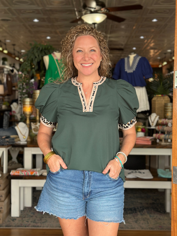 Hunter Green & Leopard Trim Top