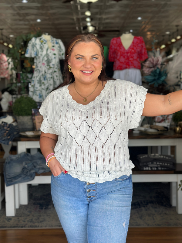 Ivory Scallop Edge V-Neck Top