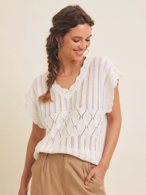 Ivory Scallop Edge V-Neck Top