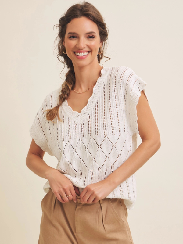 Ivory Scallop Edge V-Neck Top