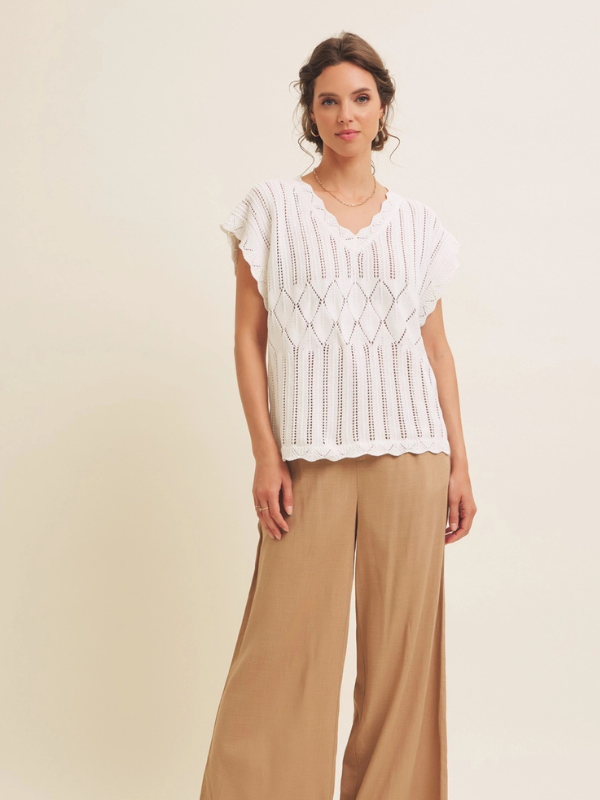 Ivory Scallop Edge V-Neck Top