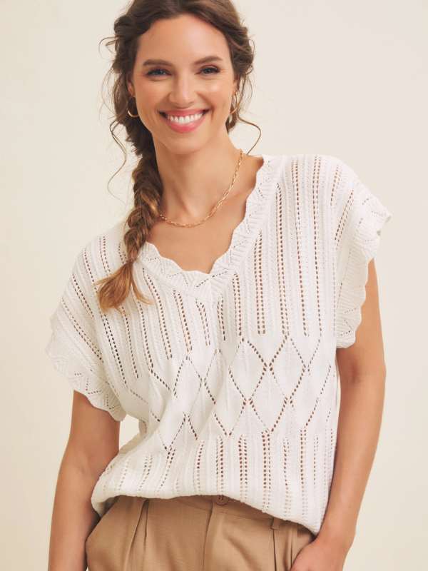 Ivory Scallop Edge V-Neck Top