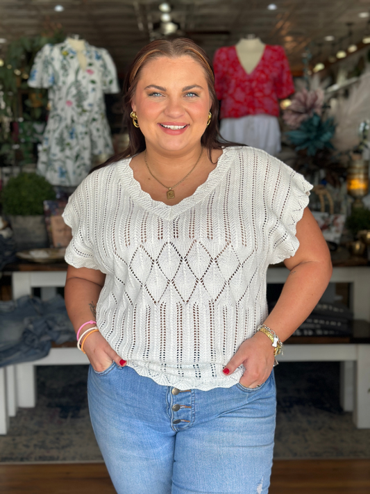 Ivory Scallop Edge V-Neck Top