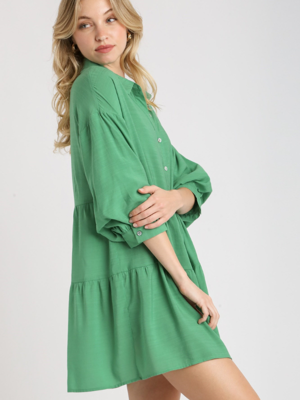 Kelly Green Bubble Sleeve Button Dress