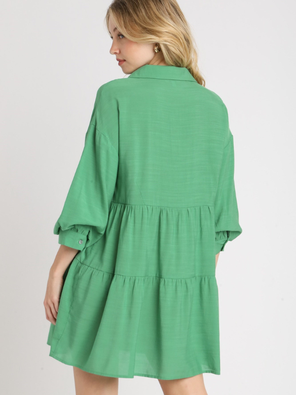 Kelly Green Bubble Sleeve Button Dress