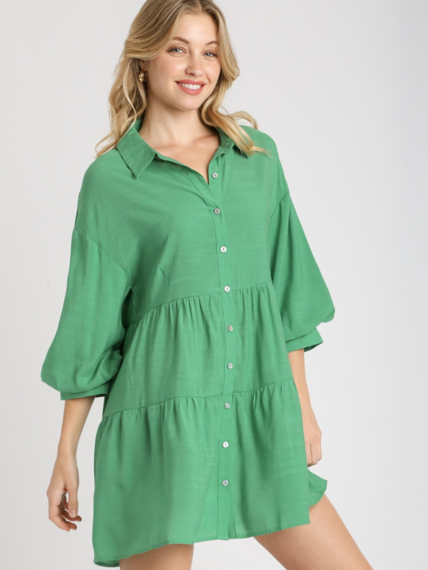 Kelly Green Bubble Sleeve Button Dress