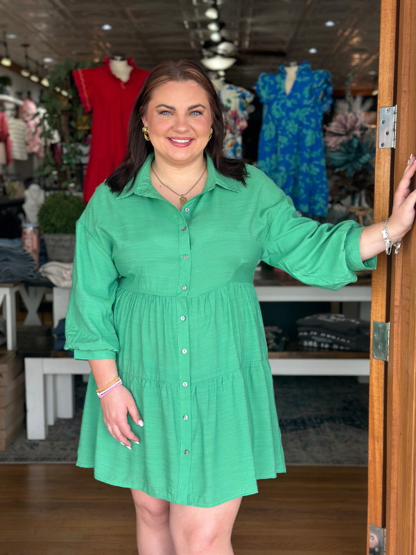 Kelly Green Bubble Sleeve Button Dress