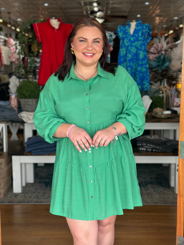 Kelly Green Bubble Sleeve Button Dress