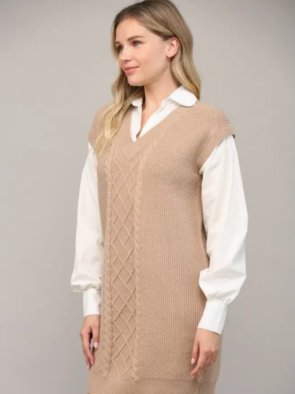 Latte / White Cable Knit Shirt Dress