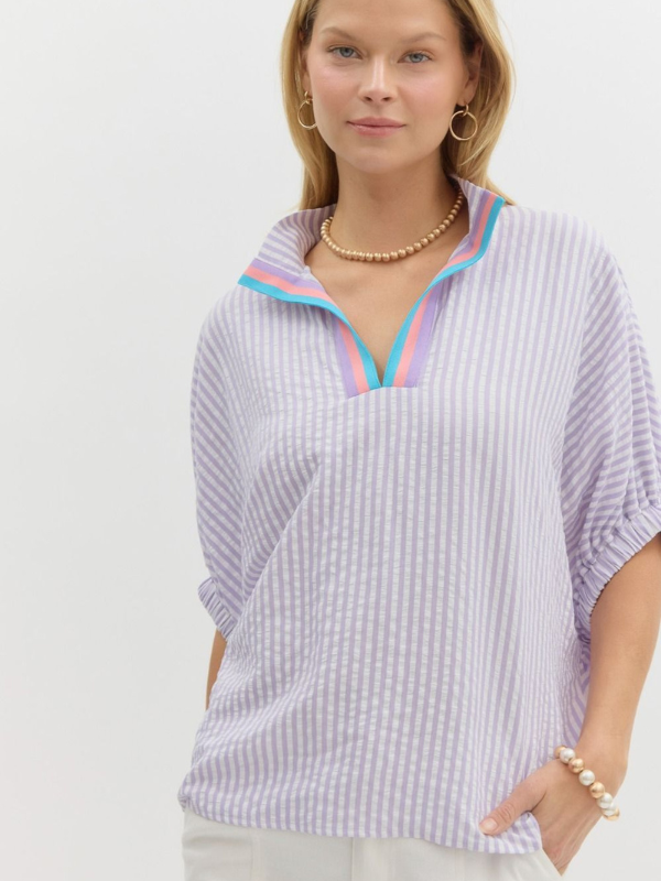 Lavender Striped Contrast Collar Top