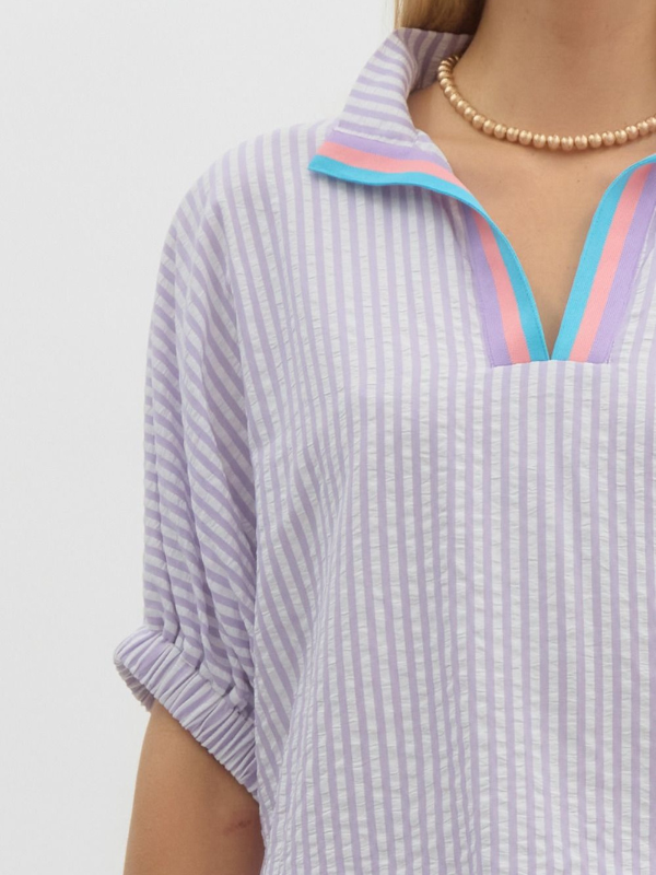 Lavender Striped Contrast Collar Top