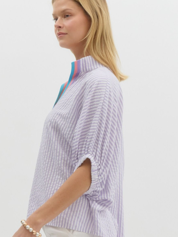 Lavender Striped Contrast Collar Top
