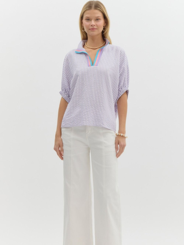 Lavender Striped Contrast Collar Top