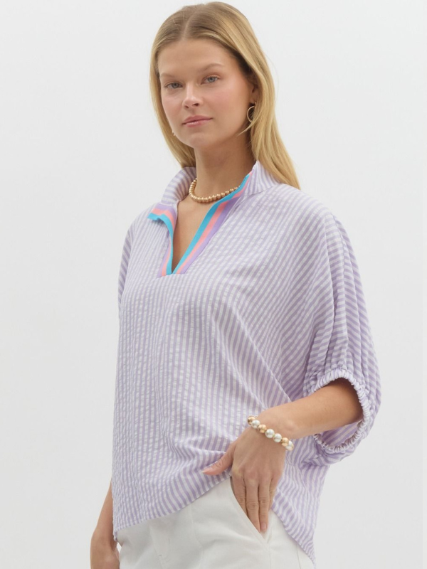 Lavender Striped Contrast Collar Top
