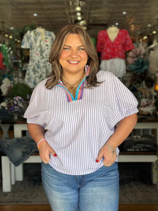 Lavender Striped Contrast Collar Top