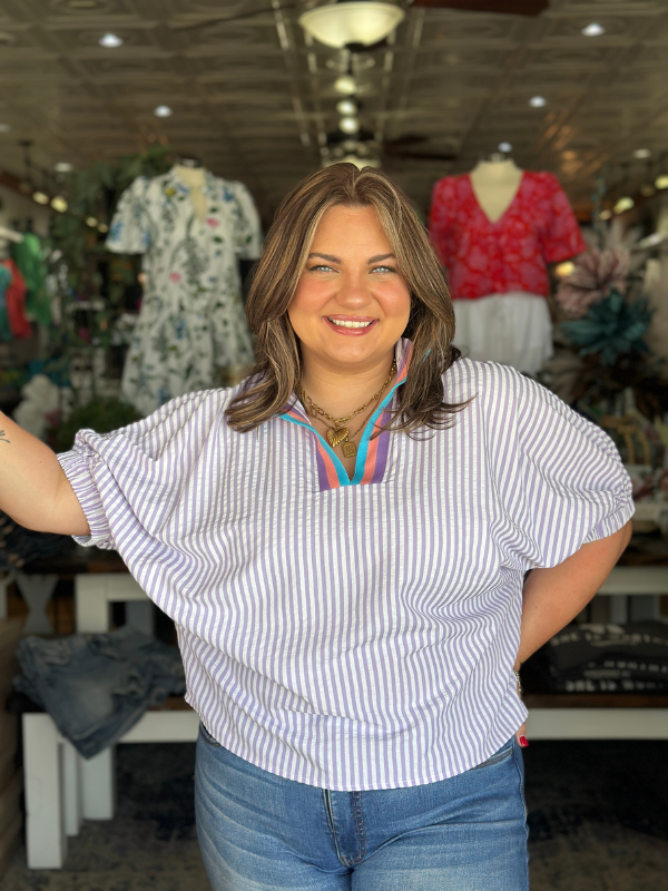Lavender Striped Contrast Collar Top