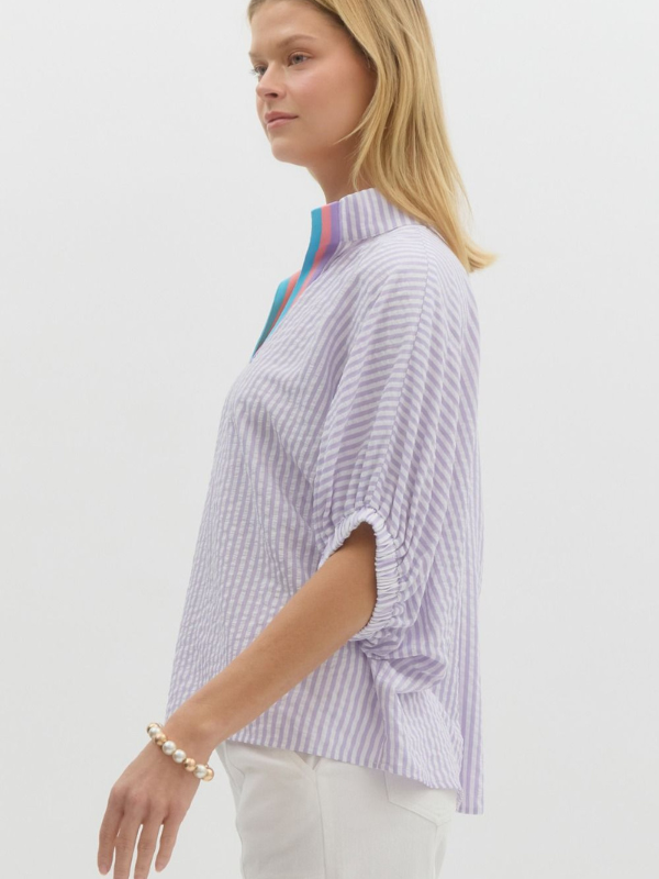 Lavender & White Stripe Contrast Collar Top