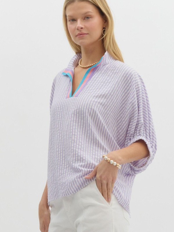 Lavender & White Stripe Contrast Collar Top
