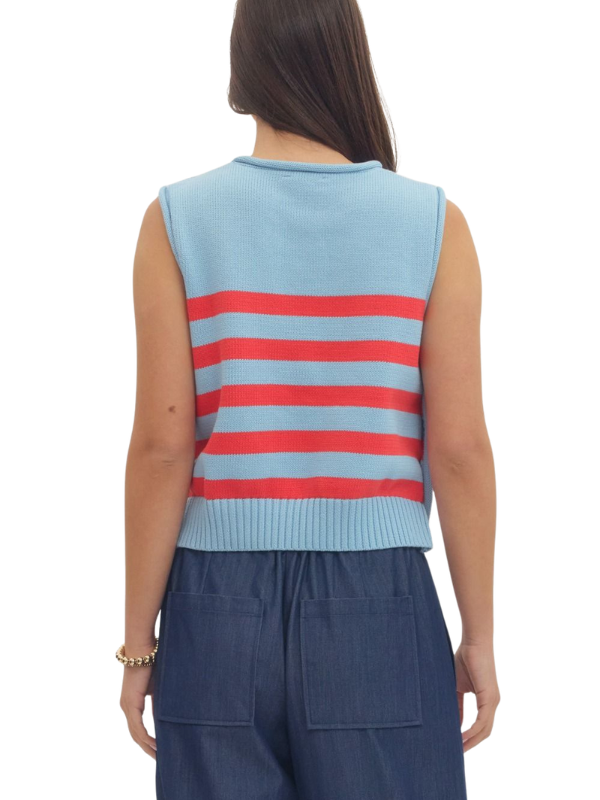 woman wearing striped sleeveless top