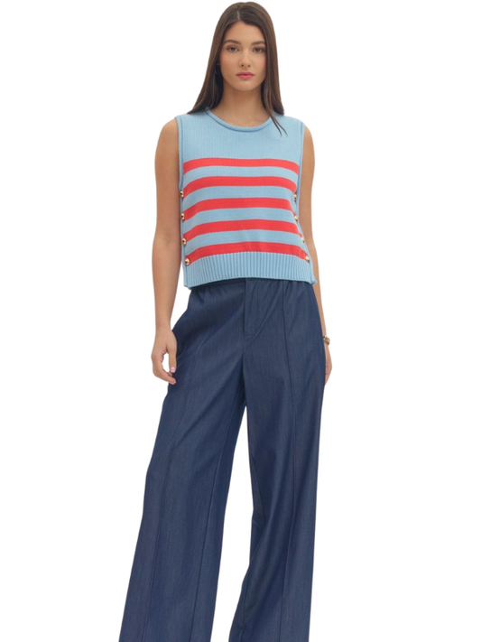 woman wearing striped sleeveless top