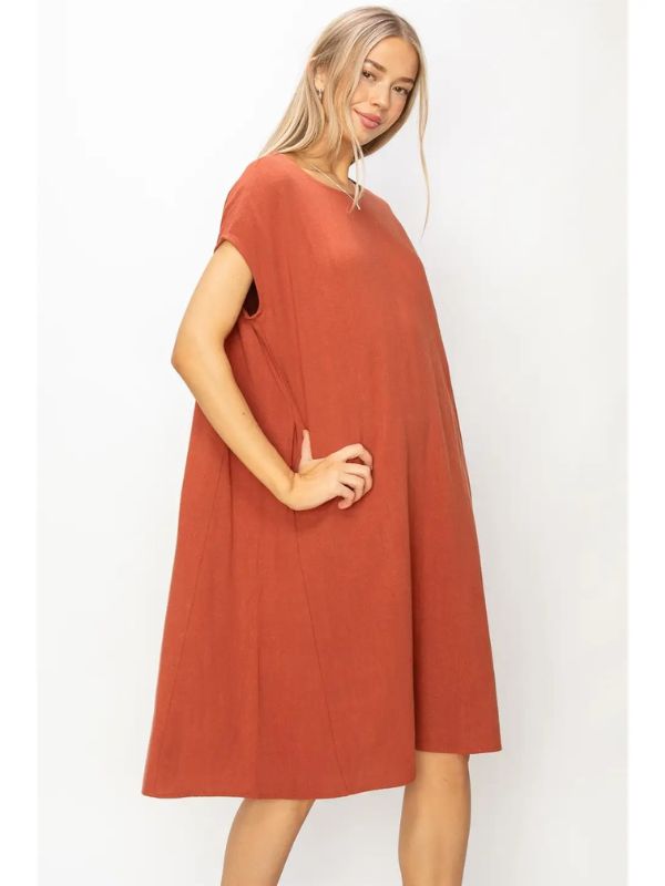 Linen Oversized Midi Dress - Baked Clay