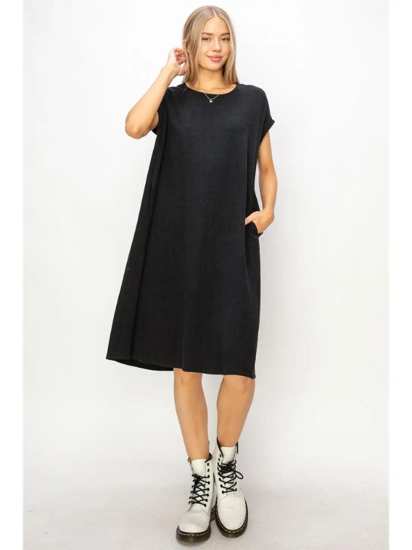 Linen Oversized Midi Dress - Black