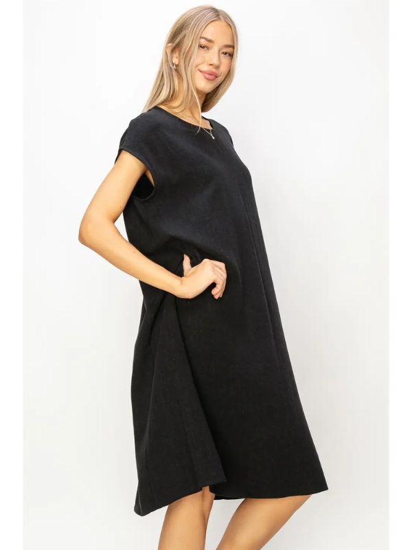 Linen Oversized Midi Dress - Black