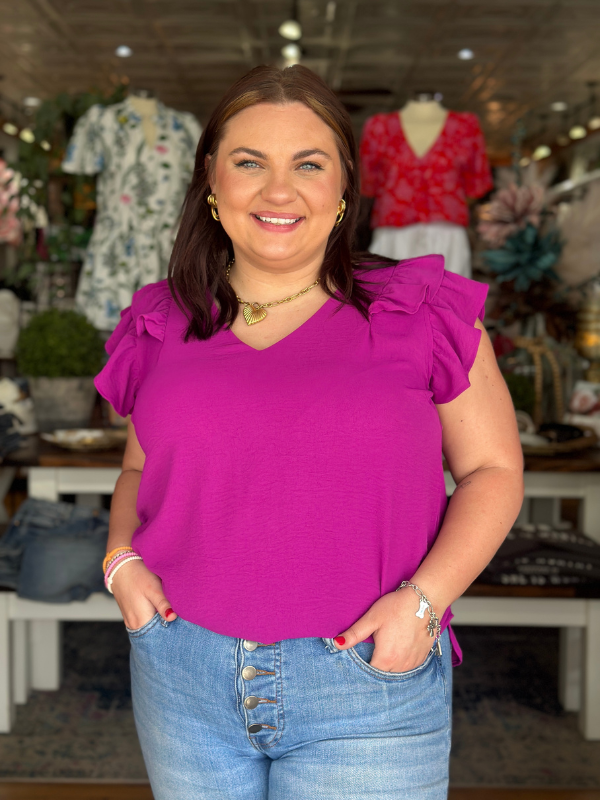 Magenta Purple Ruffle Sleeve V-Neck Top