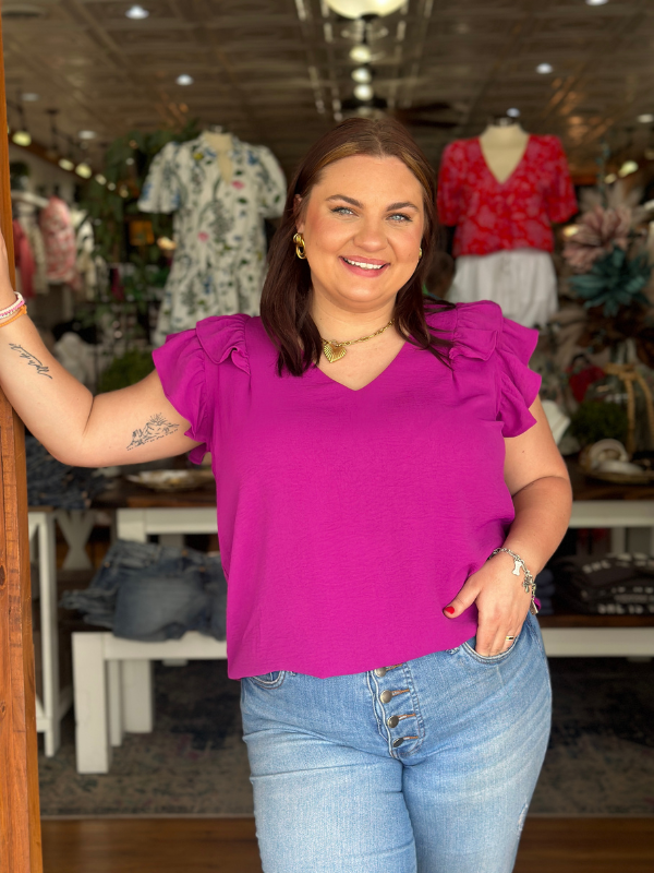 Magenta Purple Ruffle Sleeve V-Neck Top