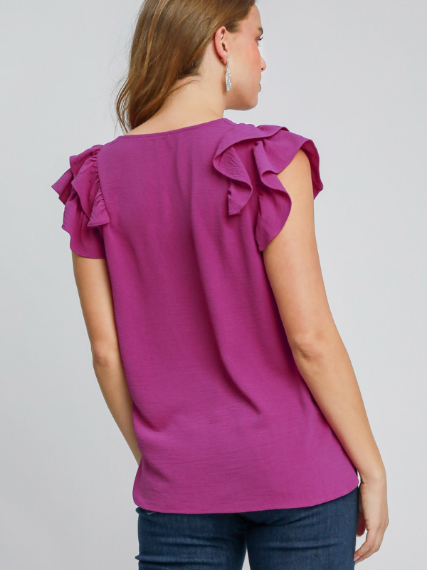 Magenta Purple Ruffle Sleeve V-Neck Top