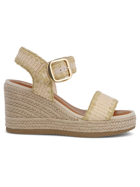 Beige wedge sandal with espadrille sole on a white background