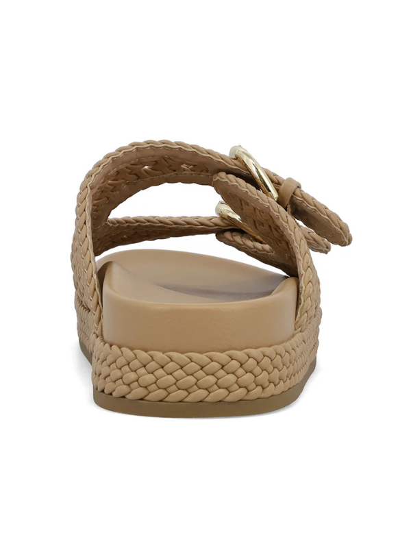 Beige sandal with braided design on a white background