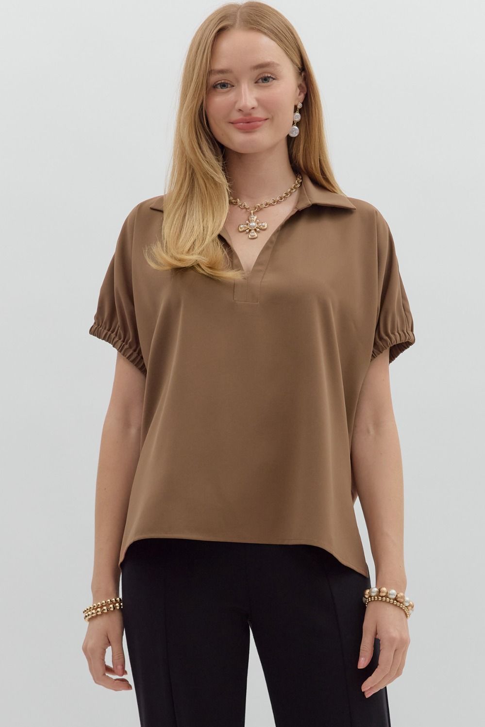 Mocha Short Sleeve Split Collar Top