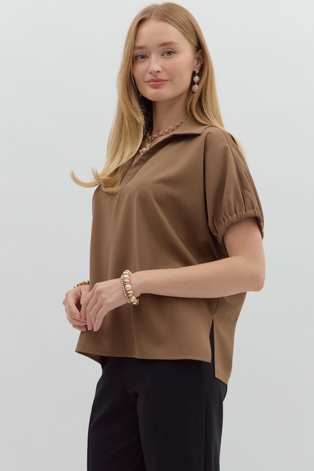 Mocha Short Sleeve Split Collar Top