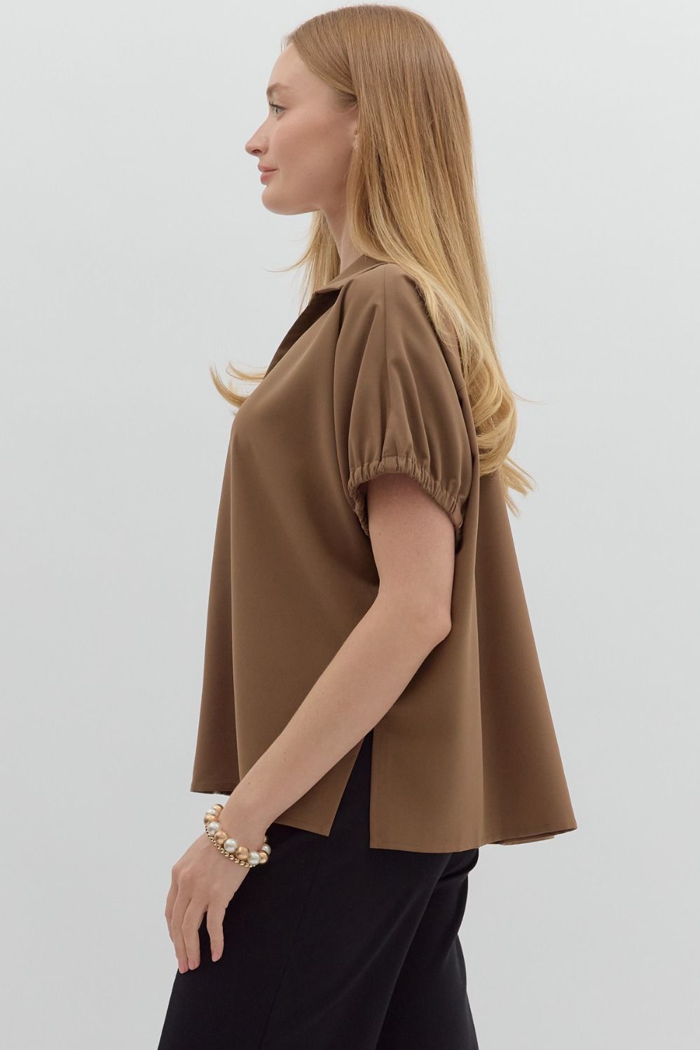 Mocha Short Sleeve Split Collar Top