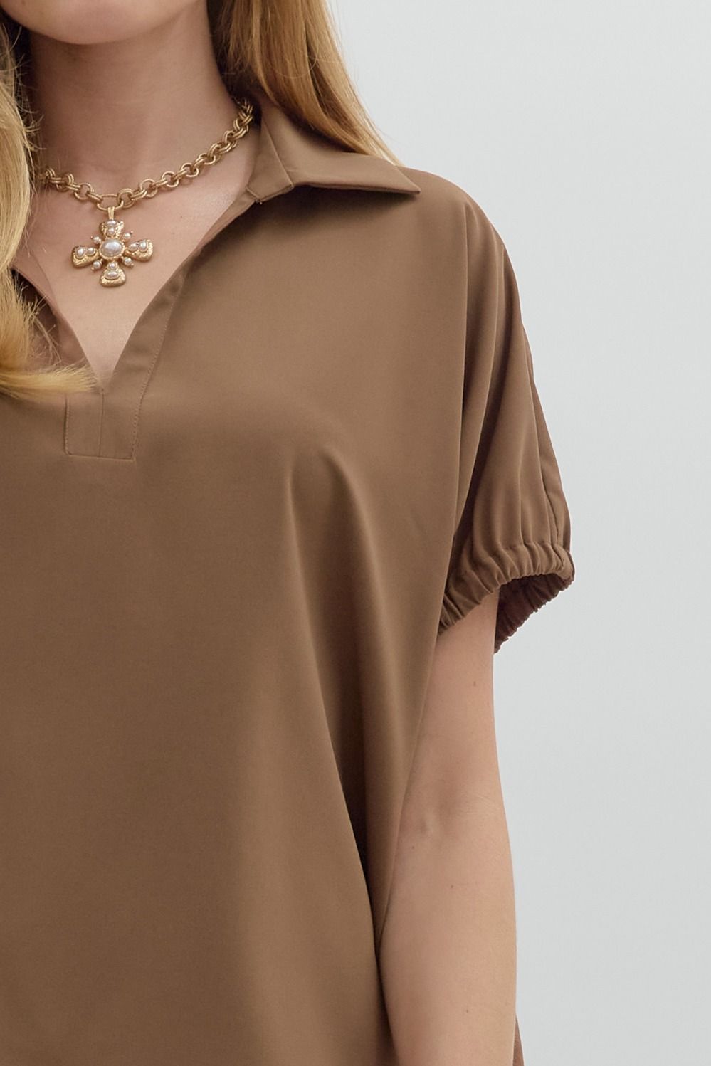 Mocha Short Sleeve Split Collar Top