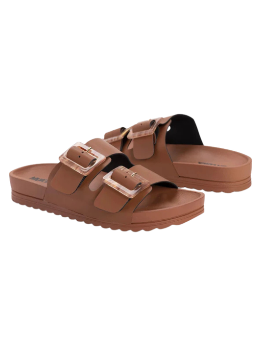 Brown sandals with double buckles on a white background