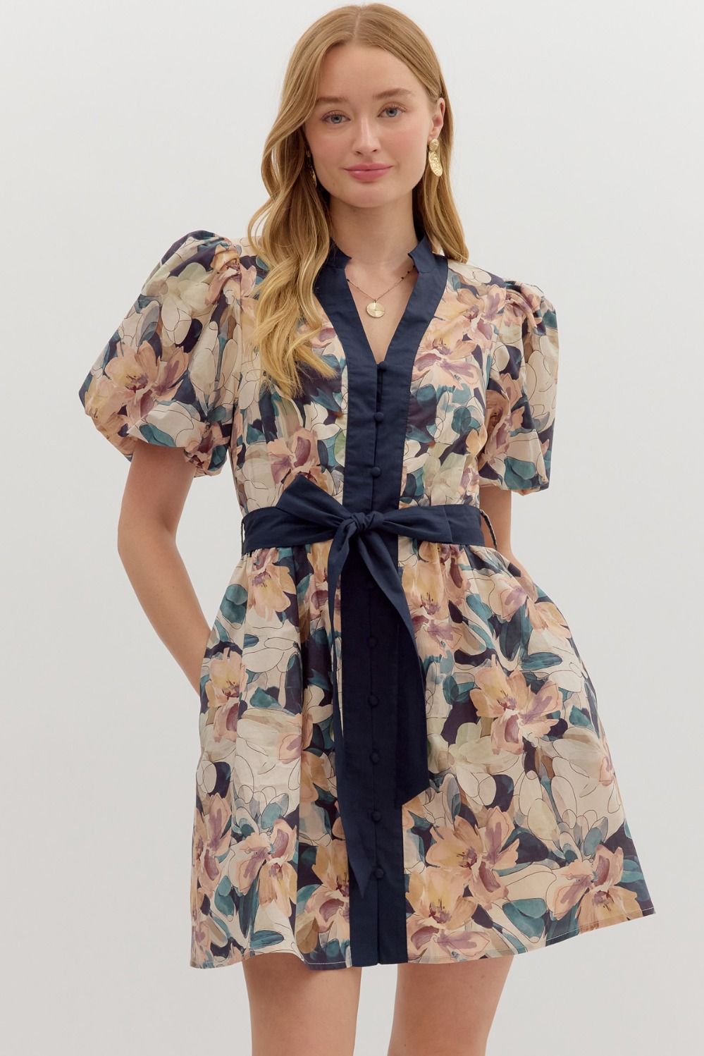 Navy Floral Short Sleeve Bubble Mini Dress