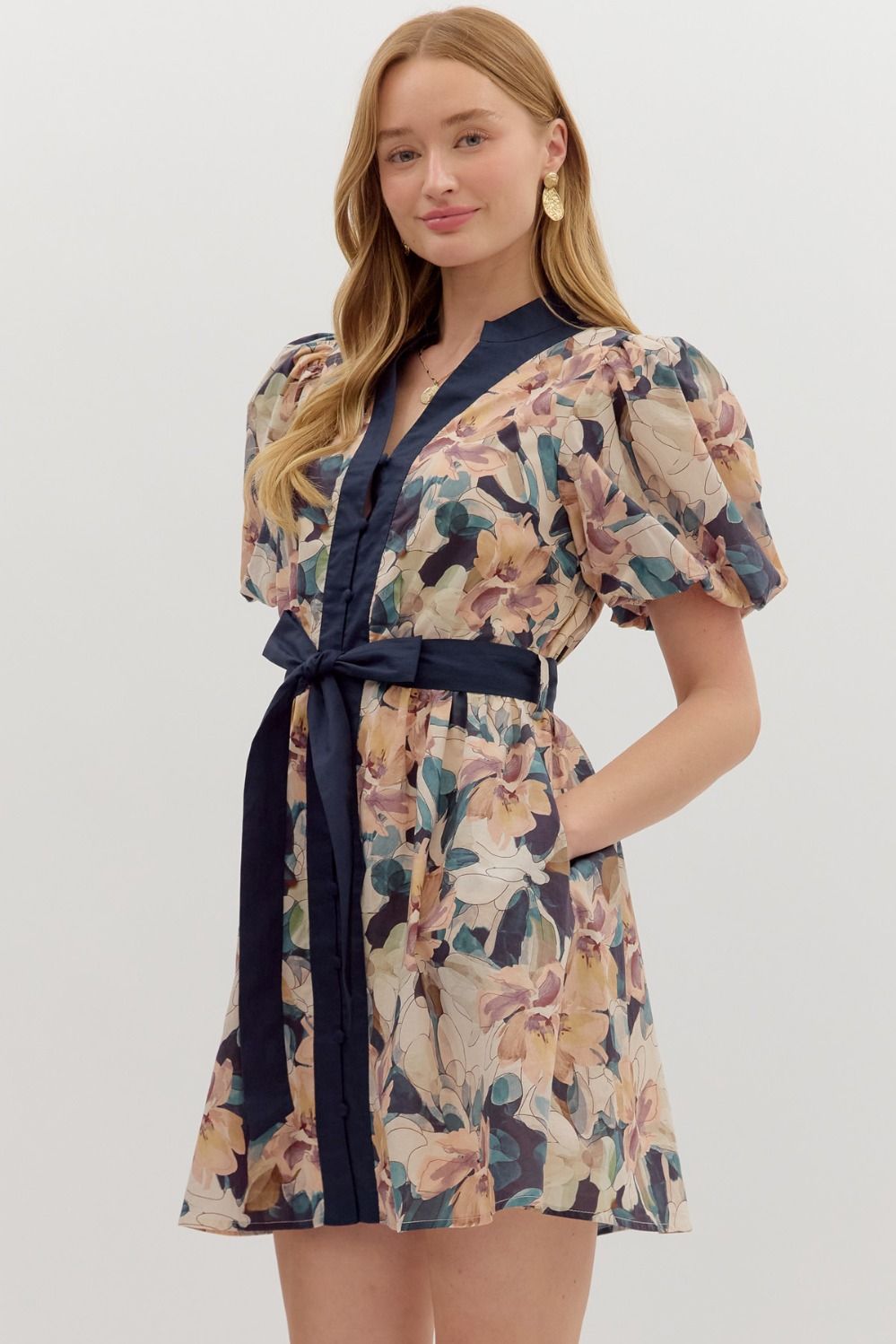 Navy Floral Short Sleeve Bubble Mini Dress