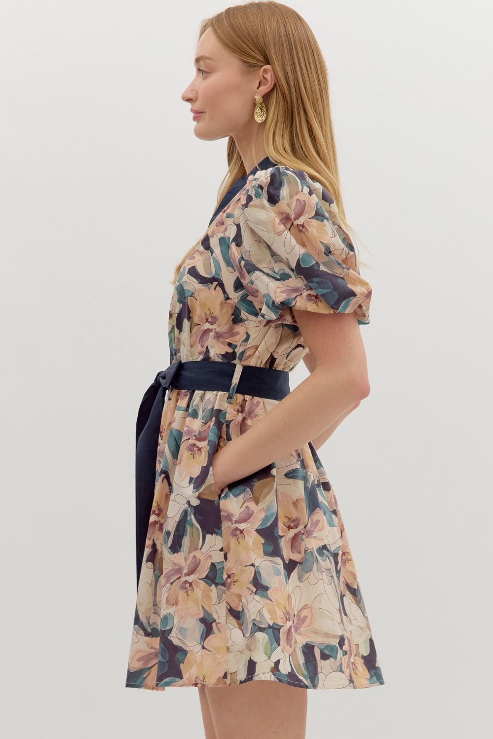 Navy Floral Short Sleeve Bubble Mini Dress