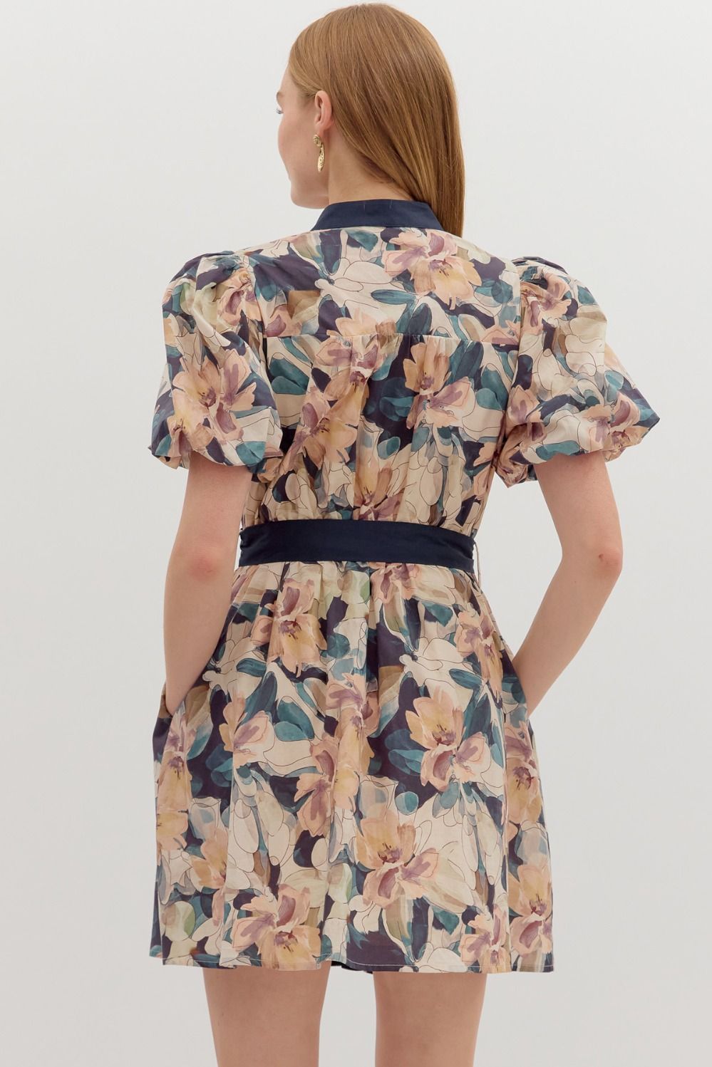 Navy Floral Short Sleeve Bubble Mini Dress