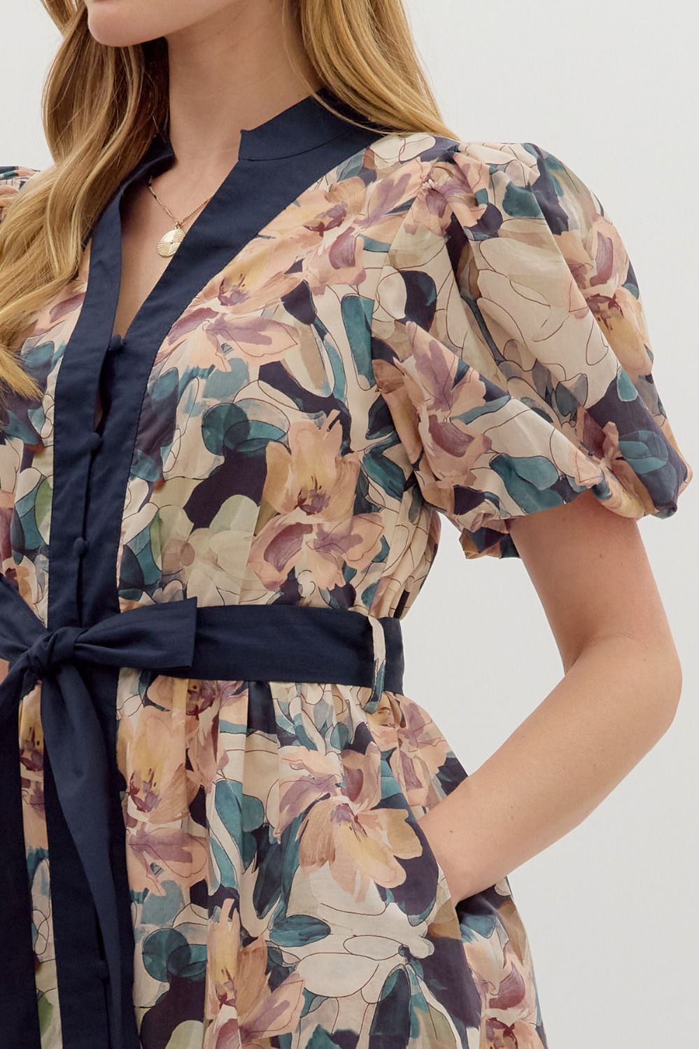 Navy Floral Short Sleeve Bubble Mini Dress