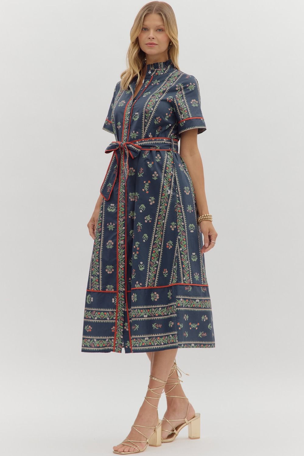 Navy Floral Short Sleeve Midi Shirt Dress