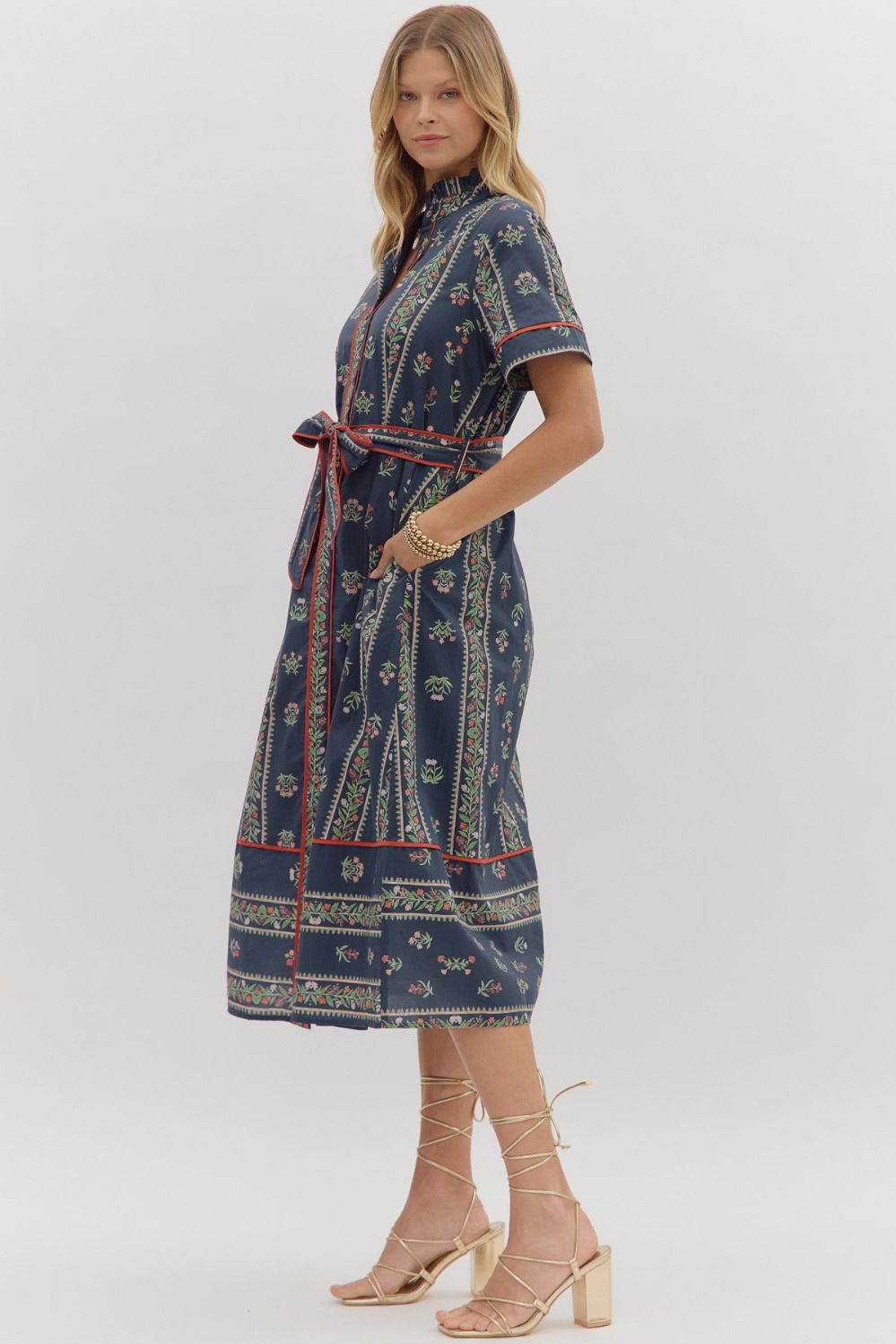 Navy Floral Short Sleeve Midi Shirt Dress